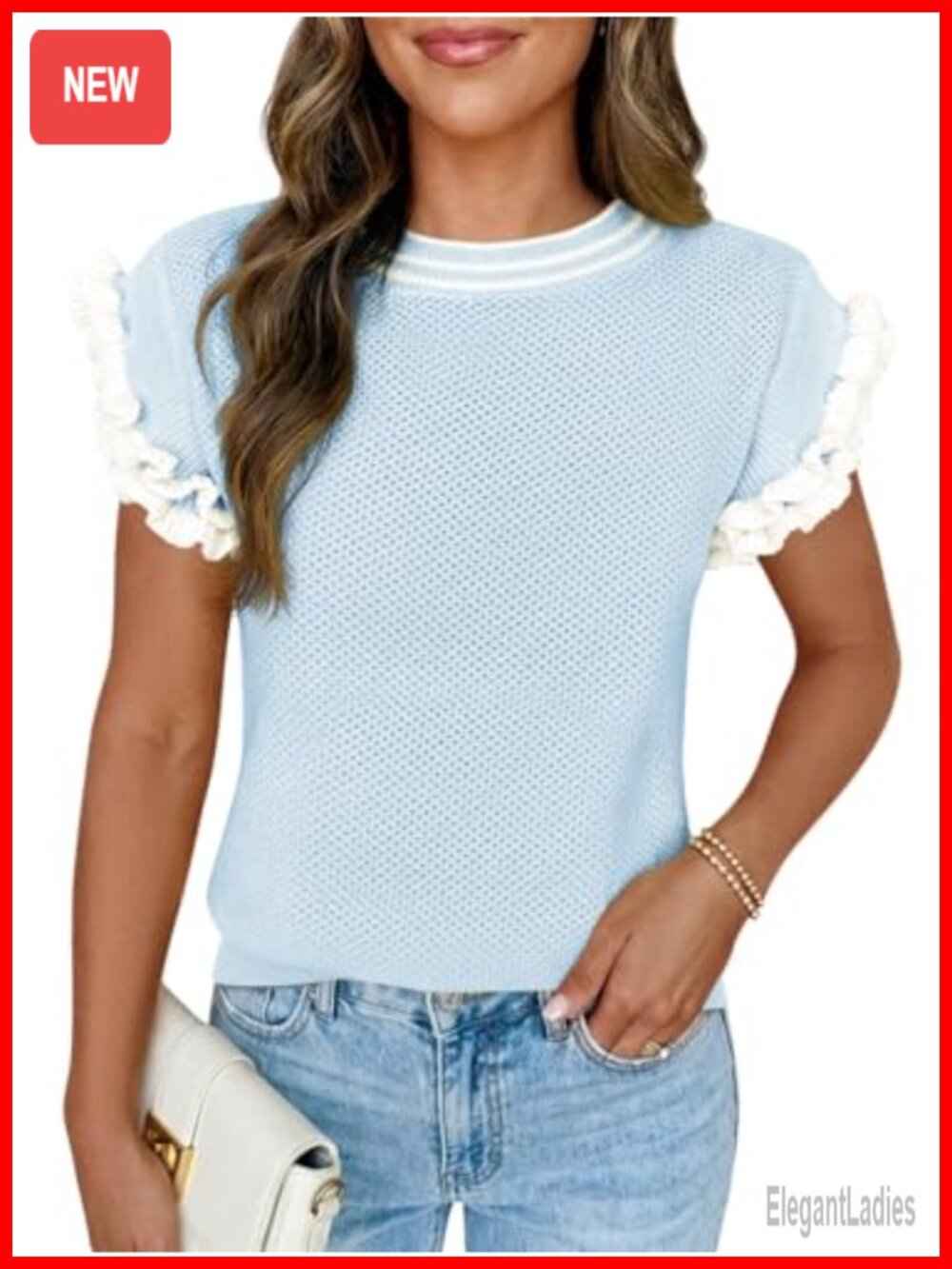 Saodimallsu Womens Ruffle Short Sleeve Sweater Color Block Loose Knit Pullover